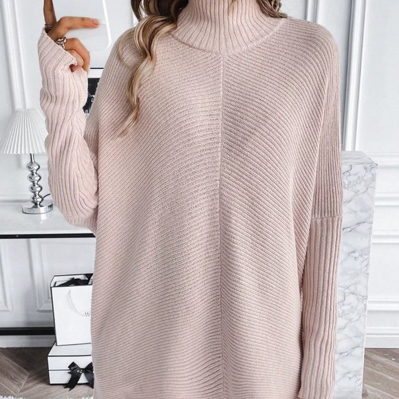 Dusty Pink Boho Womens Turtleneck Batwing Sleeve Ribbed Knit Sweater - Picture 2 of 5